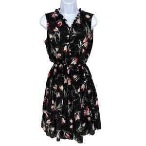 Rebecca Taylor Black Tulip Floral Print Silk Dress Sleeveless Size 4